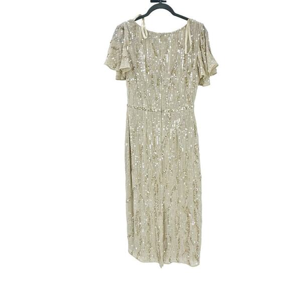 Mac Duggal Oyster Beige Sequined V Neck Flutter Sleeve Tea Length Dress 6 NWT - Picture 7 of 11